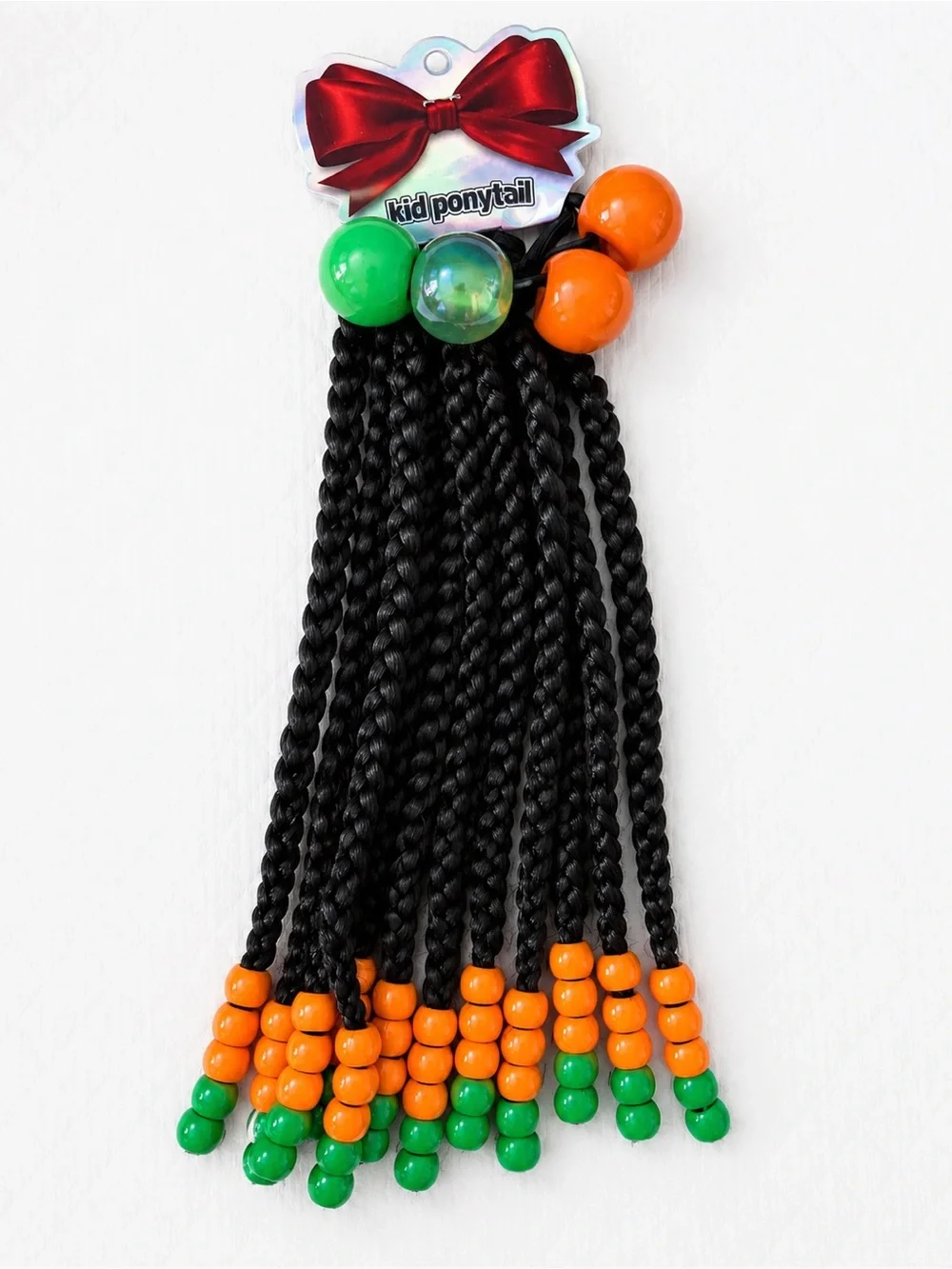 Kid Ponytail Black Braided Beaded Hair Accessory with Red, Green & Gold Accents